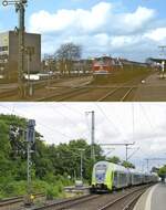 Ein Blick auf die andere Seite des Bahnhofs Neumünster am 27.04.1985 und am 07.07.2023 mit zeittypischen Zügen: Oben die 218 103-0 mit einem Nahverkehrszug, darunter wartet der aus Flensburg kommende Twindexx Vario 445 014 auf sein Pendant aus Kiel, um von hier als Doppel weiter nach Hamburg zu fahren. Auch hier ist es in den vergangenen 38 Jahren erheblich grüner geworden, dazu passt die Farbgebung des 445. Leider ist die interessante Wagengarnitur hinter der 218 aufgrund des Sonnenstandes nur schwer erkennbar, es handelte sich um zwei Umbau-Vierachser und einen beige-türkisen Mitteleinstiegswagen.