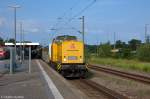 203 308-2 DB Netz AG mit einem Schienenprfzug in Rathenow. Der Zug kam ber die Schnellfahrstrecke Hannover–Berlin gefahren und fuhr am Abzw Rathenow West runter und machte eine kleine Pause. Dann ging es wieder am Abzw Rathenow West wieder auf die Schnellfahrstrecke Hannover–Berlin und der Schienenprfzug fuhr in Richtung Stendal zurck. Am Zugende befand sich die 203 301-7 DB Netz AG. 28.06.2012