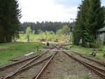 Der Ausfahrbereich aus dem Bahnhof Rennsteig links nach Schleusingen und rechts nach Ilmenau.Aufgenommen vom Bahnsteig aus am 27.Mai 2020.