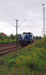 Rurtalbahn Diesellok 209 007-4 hat soeben HP2 bekommen und verlsst auf Gleis 4 den Rheydter Hbf 26.8.2011.