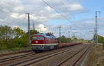 231 012 der WFL führte am 26.09.19 einen leeren Flachwagenzug durch Saarmund Richtung Seddin.