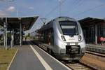 9442 614 (Bombardier Talent 2) von Abellio Rail Mitteldeutschland als RE 74733 (RE19) von Leinefelde hat seinen Endbahnhof Sangerhausen erreicht und fährt in Kürze in die Abstellung.