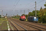 Nachschuss auf 261 019-4 (Voith Gravita 10 BB) als Tfzf, die im Bahnhof Schönebeck(Elbe) Richtung Magdeburg-Buckau an 151 078-3 vorbeifährt.