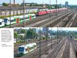 Schweinfurt Hbf, Blick von der  Bahnsteg -Brücke nach Osten am 24.6.10: Oben kommt ein RE aus Nürnberg an und unten und ein EiB-Triebwagen von Schweinfurt Stadt.