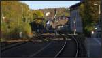 Der Blick auf die Bahnhofsausfahrt in Stolberg Altstadt (Rhl) an der Kbs 482 am 08.11.2014.