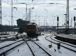 Mit 4h und 38min Fahrzeit erreicht RE 18506 aus Falkenberg,am 11.Februar 2012,gezogen von 112 189,das Ziel Stralsund.