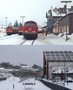 Ein Vergleichsbild des Bahnhofs Winterberg am 05.02.1978 und am 28.11.2023: Viel hat sich inzwischen geändert. Der Bahnhof wurde zurückgebaut, die Gleise führen seit dem 30.05.1992 nicht mehr weiter nach Hallenberg und das Bahnhofsgebäude wurde 2014 durch einen Neubau ersetzt, der 2018 von der  Allianz pro Schiene  zum  Bahnhof des Jahres  gekürt wurde und in dem sich das Bürgerbüro der Stadt Winterberg befindet. Vorbei sind aber die Zeiten, in denen am Wochenende bei entsprechender Schneelage 6 Skifahrersonderzüge aus dem Rheinland und Ruhrgebiet nach Winterberg verkehrten und die Bahnhofsgleise voll belegt waren wie auf der oberen Aufnahme mit von links nach rechts 218 145-1, 218 141-0 und 218 135-2. Nicht selten kam es vor, dass Leerzüge im 15 km entfernten Hallenberg abgestellt werden mussten. Da sich das Umfeld in den letzten 45 Jahren völlig geändert hat, war es schwierig, den damaligen Aufnahmestandort auch nur annähernd wiederzufingen, Anhaltspunkte waren neben dem Bahnhofsgleis das Lichtsignal links und das im Hintergrund zwischen Lok und Bahnhofsgebäude sichtbare Haus.