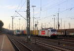 186 150 von Crossrail steht in Aachen-West mit einem langen MSC-Containerzug aus Antwerpen-Krommenhoek(B) nach Germersheim(D).