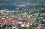 Blick auf ein Teil der Kreisstadt Aalen und dessen Bahnhof. Aufnahme vom 13.Juni 2008.