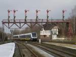 Das beliebte Motiv Signalbrücke in Bad Harzburg diesmal mit erx 83703 als Harz-Heide-Bahn aus Hannover; 24.01.2015
