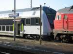 Am 08.09.2009 am Morgen im Bahnhof Bautzen - Probefahrt Bmbardier mit Doppelstockwgen fr die DSB.