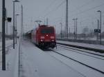 185 319 ist am Morgen des 19.Februar 2009 unterwegs nach Mukran und durchfhrt bei leichtem Schneefall den Bahnhof Bergen/Rgen.
