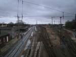 Gesamtansicht vom Bahnhof Bergen/Rgen am 11.Februar 2011.Links das sanierte Hauptgleis Richtung Lietzow,in der mitte der Bahnsteig 3 und 4 und rechts der Gterbereich.