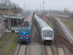 Begegnung vom IC 2377 Binz-Frankfurt/Main Hbf,am 17.November 2014,mit dem Kreidezug nach Klementelvitz in Bergen/Rügen,zu erkennen auch Flirt 429 029.