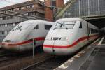 Hier links 401 010-4  Gelsenkirchen  als ICE694 von Stuttgart Hbf. nach Berlin Ostbahnhof und rechts 808 035-0  Grlitz  als ICE855 von Kln Hbf. nach Berlin Ostbahnhof mit 808 038-4  Saarbrcken  als ICE845 von Kln/Bonn Flughafen nach Berlin Ostbahnhof, diese beiden Triebzge standen am 18.5.2013 in Berlin Ostbahnhof.