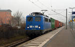 140 038 der Press führte für Metrans am 02.02.19 einen Containerzug durch Bitterfeld Richtung Dessau.