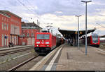 Gemischter Gz mit 185 375-3 DB durchfährt Dessau Hbf auf Gleis 2 Richtung Roßlau(Elbe).