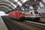 101 108-9 trifft am 27.5.2017 im Dresdener Hauptbahnhof auf 146 555-8 mit dem IC2048 von Dresden Hauptbahnhof nach Köln Hauptbahnhof.