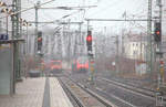 Trübe Stimmung, Nebel und Sprühregen zum Beginn der Reise nach Ceske Budejovice, Dresden Bahnhof Neustadt, ein  Hamster  nach Cottbus fährt aus, RE 50 aus Leipzig Hbf. fährt ein.  (links) 21.12.2017 11:53 Uhr.