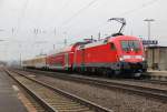 Auch erstmalig gesichtet: die neue der DB Systemtechnik: 182 506. Sie war am 14.12.2013 mit einem Doppelstockwagen und drei Messwagen als ST-D32739 von Minden nach München Milbertshofen unterwegs und legte in Eichenberg eine Fotoshooting-Pause ein.