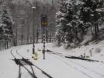 Die Gleise der Harzequer- und Selketalbahn am 29.03.2013 im Bahnhof Eisfelder Talmhle.