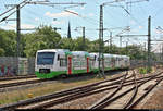 Nachschuss auf 650 501-9  Wartburgstadt Eisenach – Reformationsstadt Europas  und 650 512-6 der Süd-Thüringen-Bahn GmbH (STB) sowie 650 411-1 der Erfurter Bahn GmbH (EB) (Stadler Regio-Shuttle RS 1) als EB 80991 (EB23) nach Saalfeld(Saale) bzw. STB 81205 (STB46) nach Ilmenau, die ihren Startbahnhof Erfurt Hbf auf Gleis 8 verlassen.
Aufgenommen am Ende des Bahnsteigs 3/6.
[3.6.2019 | 13:40 Uhr]