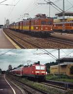 Bis zur Aufnahme des S-Bahn-Verkehrs im Herbst 1978 waren die in den dreißiger Jahren gebauten ET 65 im Stuttgarter Vorortverkehr unentbehrlich. Auf der oberen Aufnahme verlässt 465 025-5 im Mai 1978 den Bahnhof Esslingen, darunter ist dort gerade 143 817-5 im Juni 2011 mit einem RE angekommen. Sieht man einmal von dem auf dem Bahnsteig und zwischen den Gleisen wuchernden Grün ab, hat sich hier in den zwischen beiden Aufnahmen liegenden 33 Jahren nicht allzuviel geändert.