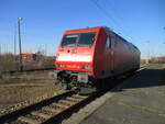 Die MEG 145 075,am Bahnsteig,am 08.Februar 2023,in Mukran.