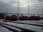 Abgestellte Dieselloks am 24.Februar 2010 in der Einsatzstelle Mukran.Von Links nach Rechts: 347 079,347 096,298 325 und 290 524.
