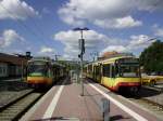 Zugkreuzung in Freudenstadt Stadt, am 01.09.2010. Er ist der hchste Punkt der Murgtalbahn. Auf Gleis 1 wartet Tw 905 nach Karlsruhe Marktplatz, auf Gleis 2 Tw 888 nach Eutingen (i. Gu) auf seine Ausfahrt. 