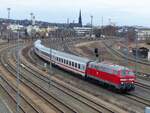 Am 9.2.2022 wurde die nichtelekrifizierte, mitteldeutsche IC Strecke zwischen Gotha und Gera mit der 218 837-3 ( 9280 1218 837-3 D-DB ), statt einer 245er, bedient. Sie pendelte also 3mal zwischen beiden Städten. 
