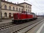 V 100 2009 der Hafenbahn Neustrelitz hat am 07.02.2011 zusammen mit einer V 60 der EGP Hagenow Land erreicht.