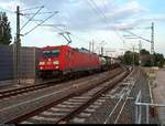 Containerzug mit 185 312-6 DB passiert den Interimsbahnsteig Halle(Saale)Hbf Gl.