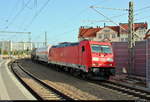 Gemischter Gz mit 185 394-4 DB passiert den Interimsbahnsteig Halle(Saale)Hbf Gl.