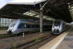 1442 213 und 1442 610 (Bombardier Talent 2) der S-Bahn Mitteldeutschland als S 37353 (S3) von Halle(Saale)Hbf nach Geithain treffen auf 9442 618 und 9442 607 (Bombardier Talent 2) von Abellio Rail