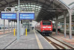 146 020 der Elbe-Saale-Bahn (DB Regio Südost) als RE 16314 (RE30) nach Magdeburg Hbf steht in seinem Startbahnhof Halle(Saale)Hbf auf Gleis 10 E-G.