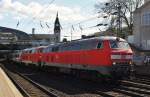 Hier 218 307-7 und 218 321-8 mit IC2170 von Hannover Hbf. nach Westerland(Sylt), bei der Ausfahrt am 16.4.2014 aus Hamburg Hbf.