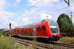 Nachschuss auf DABpbzfa  Jenny Marx geb. von Westphalen  mit BR 146.0 als Zuglok als RB 16425 (RB40) von Braunschweig Hbf nach Burg(Magdeburg), der den Bahnhof Helmstedt verlässt. [14.7.2017 - 14:49 Uhr]