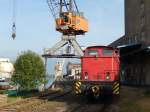 Eine DR-V60 der Hafenbahn Hildesheim parkt am 27.10.2014 nach getaner Arbeit am Pausenhäuschen (nicht im Bild)