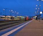 3.5.2014 5:30 Morgendlicher Betrieb in Hof (Saale) Hbf. Von links nach rechts: Allgäuexpress (ALX) nach München Hbf; DB AG 612 062 abgestellt; zwei DB AG Triebzüge Baureihe 612 als RE nach Dresden Hbf sowie Bahntouristikexpress (BTE) Sonderzug nach Passau Hbf.