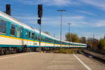 223 015 mit ihrem Alex in Kempten Bahnhof bei der Ausfahrt gen Buchloe.