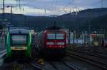 Am Abend des 4.3.2014 standen diese beiden Züge neben einander, 143 263-2 war vor wenigen Minuten aus Saarbrücken angekommen und fährt nun ins Depot und der 648 158  verlässt