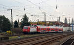 146 008 führte am 11.04.18 einen RE von Halle(S) nach Magdeburg, hier erreicht der RE soeben den Bahnhof Köthen.