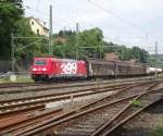 185 399-3  DB Schenker und Bombardier  verlsst am 22. Juni 2011 mit dem FIR 51713 (Seddin - Nrnberg Rbf) den Kronacher Bahnhof ber Gleis 4.