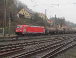 185 403-3  Green Cargo  zieht am 21. Februar 2014 einen gemischten Güterzug aus Kronach in Richtung Lichtenfels heraus.
