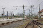Am Bahnsteig 16 / 17 in Leipzig Hbf befindet sich diese abgetrennte doppelte Kreuzungsweiche; 19.09.2026.