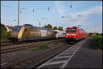 Der mit 101071 am 17.09.2020 liegen gebliebene IC nach Hamburg wird hier von 146113 mit dem RE 2 nach Osnabrück um 18.19 Uhr im Bahnhof Lengerich passiert.