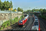 147 011-1 und 147 015-2 von DB Regio Baden-Württemberg als RB 19107 von Mosbach-Neckarelz nach Stuttgart Hbf verlassen das südliche Gleisvorfeld des Bahnhofs Ludwigsburg.
Aufgenommen vom  Gießhaus-Steg .
Bild durchlief die Selbstfreischaltung (Oberleitung vor der Lokfront).
[26.7.2019 | 9:09 Uhr]