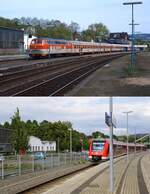 Mit seinen Veränderungen steht der Bahnhof Meinerzhagen stellvertretend für viele andere deutsche Bahnhöfe: Als 218 148-5 im Mai 1987 mit einer artreinen City-Bahn-Garnitur auf die Abfahrt nach Köln wartet, sind die Gleisanlagen noch komplett vorhanden, darunter verlässt 620 547 am 04.08.2021 den auf zwei Gleise zurückgebauten Bahnhof. Dort, wo einmal Gleise lagen, befindet sich heute ein Park-and-Ride-Platz, rechts (nicht sichtbar) der Busbahnhof. Das Bahnhofsgebäude wurde abgerissen. Für Reisende haben sich die Umsteigemöglichkeiten deutlich verbessert (für die Aufenthaltsqualität wage ich das aber zu bezweifeln), das gilt auch für den Fahrplan: Von 1987 bis 2013 gab es überhaupt keinen Schienenpersonenverkehr nach Meinerzhagen und 2017 wurde auch der 1986 eingestellte Verkehr auf der weiterführenden Strecke nach Brügge (Westfalen) wieder aufgenommen. Sieht man einmal von den Krummenerler Schotterzügen ab, gibt es hier keinen Güterverkehr. Momentan machen sich aber der dichte Taktfahrplan und die fehlenden Kreuzungsmöglichkeiten negativ bemerkbar: Da die Volmetalbahn aufgrund der Schäden durch das Hochwasser nicht befahrbar ist, muss das in Brügge auf die Schiene verladene Holz statt über Hagen über die oberbergische Bahn abgefahren werden. Dies ist allerdings aus den oben genannten Gründen nur nachts möglich.