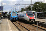 SBB ETR nach Z�rich wartet hier im Bahnhof Memmingen am 12.05.2026 um 12.07 Uhr neben dem Arverio Triebzug ET 4.21 auf seinen schweizer Gegenzug.
